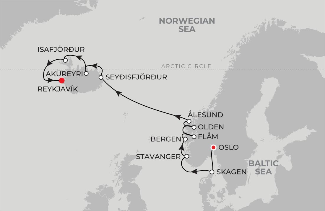 11-Night Oslo to Reykjavik 8/10/24 Itinerary Map