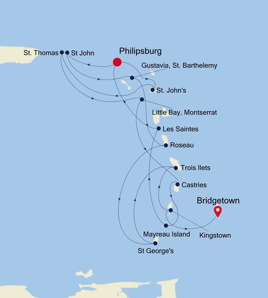 Caribbean & Central America Special Voyage: Philipsburg, St. Maarten to Bridgetown Itinerary Map